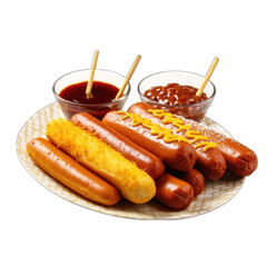 Korean corn dogs are hot dogs, cheese, French fries fried in a batter on a stick and dressed with sugar, ketchup, mustard closeup on the plate png