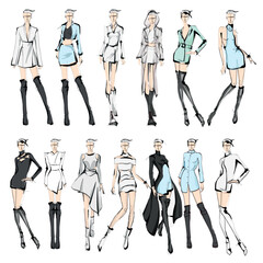 Set of young beautiful women in stylish clothes. Fashion sketch. - 768120935