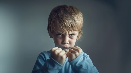 Fiery fury: Child's face flushes with anger, fists clenched in frustration. - obrazy, fototapety, plakaty