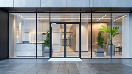 A contemporary storefront entrance displaying a glass door with a sleek digital keypad lock for secure access. - obrazy, fototapety, plakaty