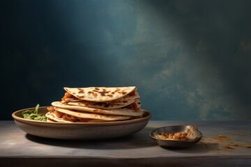 Tempting quesadilla in a clay dish against a minimalist or empty room background