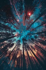 Trippy stars lasers cosmic alien forest circular album cover background created with Generative AI Technology
