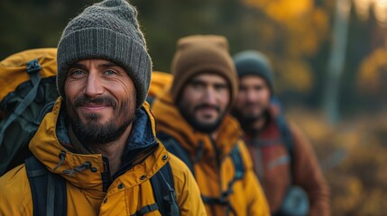 Obraz premium Group of male hikers on the mountain, medium shot, smiling, forest background.