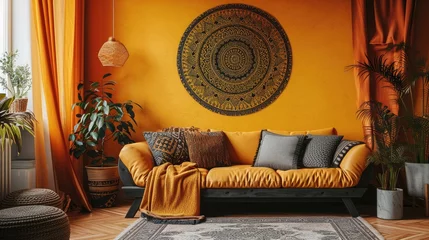 Wandcirkels tuinposter a captivating scene featuring an intricate mandala on a goldenrod yellow wall, enhancing the aesthetic appeal with a cozy sofa. © Lal