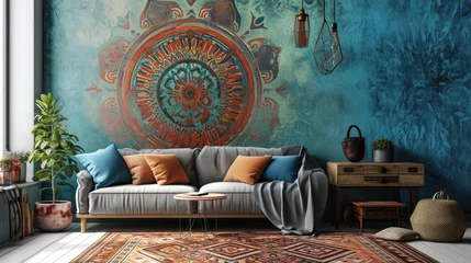  a captivating scene featuring an intricate mandala on a powder blue wall, enhancing the aesthetic appeal with a cozy sofa. © Lal