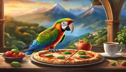 Poster cat eating pizza, parrot eating pizza, animals eating pizza, hawaiian pizza, sicilian pizza, margarita pizza, cat in hat, cat with glasses, dog in hat, dog with glasses, rasta parrot, parrot with glas © Petru