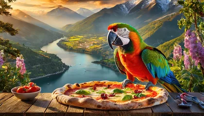 Raamstickers cat eating pizza, parrot eating pizza, animals eating pizza, hawaiian pizza, sicilian pizza, margarita pizza, cat in hat, cat with glasses, dog in hat, dog with glasses, rasta parrot, parrot with glas © Petru