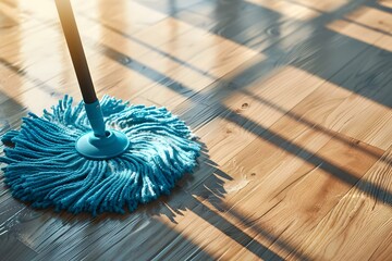 Symbolism of household chores and cleanliness: Blue mop cleaning wooden floor in sunlit room. Concept Symbolism, Household chores, Cleanliness, Blue mop, Wooden floor, Sunlit room