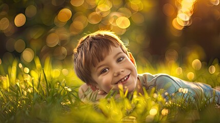 Spring delight: 5-year-old boy beams with joy amidst green grass, celebrating spring's arrival.