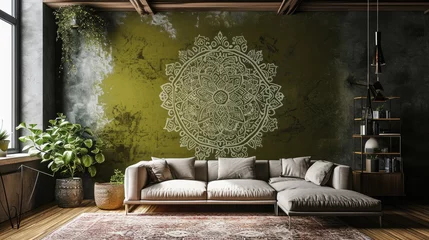 Foto op Plexiglas a captivating scene featuring an intricate mandala on a muted olive green wall, enhancing the aesthetic appeal with a cozy sofa. © Lal