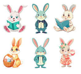 Obraz premium Set Of Clip Art Illustration Of Cute And Cartoonish Easter Bunnies. Dressed Up, Reading Book, Holding Easter eggs. Boy And Girl Bunnies Isloated On Transparent Background. Png File. Ai Generated