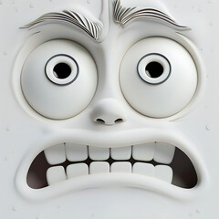The cartoon face of the white paper character with big eyes, white teeth and skinny eyebrows looks sarcasm in a closeup shot against a white background - obrazy, fototapety, plakaty