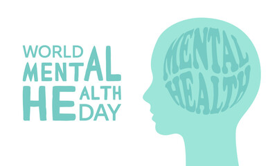 Banner World Mental Health Day. Human head with the inscription mental health. Vector flat illustration