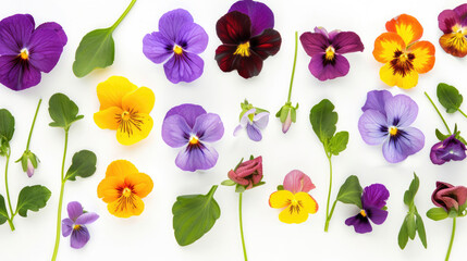 Colorful viola pansy flowers and leaves arranged on a white background - obrazy, fototapety, plakaty