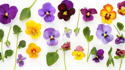 Foto auf Acrylglas Colorful viola pansy flowers and leaves arranged on a white background © Veniamin Kraskov