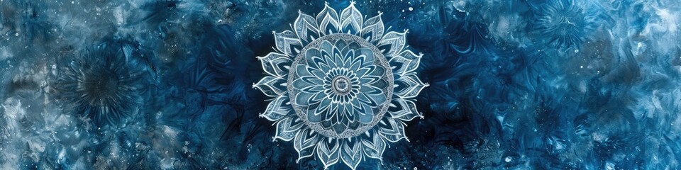 a captivating mandala on a steel blue canvas, emphasizing the fine details and cool tones with exceptional clarity.