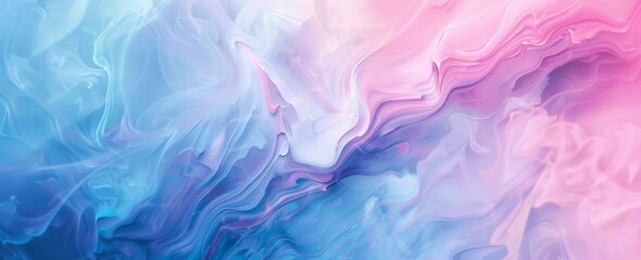Radiant light dances across liquid waves in a serene abstract of glossy pink and blue, creating a tranquil holographic effect. - obrazy, fototapety, plakaty