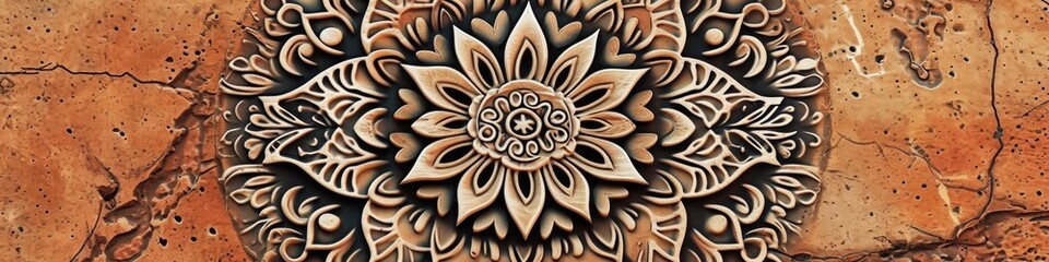 a captivating mandala on a terracotta surface, highlighting the delicate details and earthy tones in impeccable high-definition.