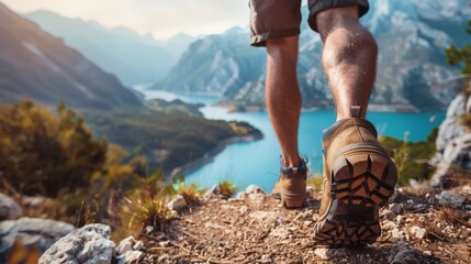 Person Walking Uphill With Lake View