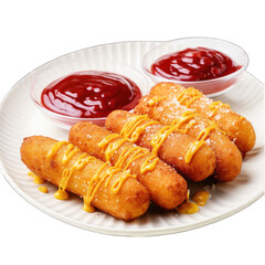 Fototapeta premium Korean corn dogs are hot dogs, cheese, French fries fried in a batter on a stick and dressed with sugar, ketchup, mustard closeup on the plate png