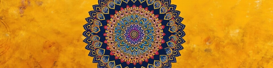 a captivating mandala against a mustard yellow surface, highlighting the intricate details and vibrant colors in breathtaking high-definition.