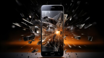 A dynamic image portraying a smartphone exploding outwards, signifying technological failure or metaphorical digital disruption. - obrazy, fototapety, plakaty