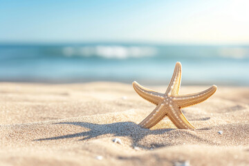 Fototapeta na wymiar A serene beach scene with a single starfish standing upright on the sandy shore, capturing the essence of calm and natural beauty against a soft-focus ocean backdrop.