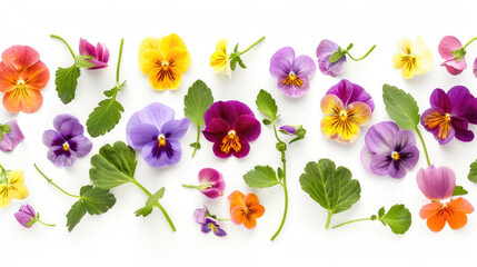 Colorful viola pansy flowers and leaves arranged on a white background