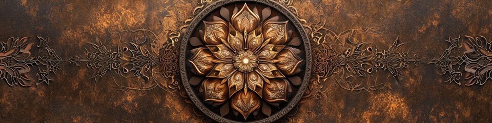 a breathtaking mandala on a chocolate brown surface, emphasizing the intricate symmetry and warm tones in high-definition. - obrazy, fototapety, plakaty