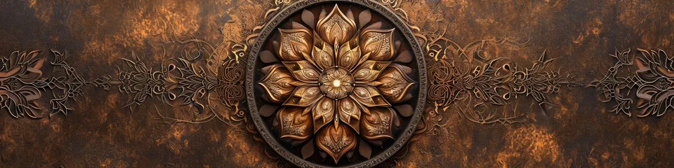 Fotobehang a breathtaking mandala on a chocolate brown surface, emphasizing the intricate symmetry and warm tones in high-definition. © Lal