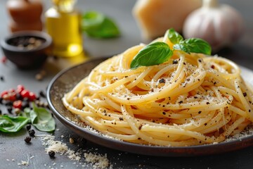 a plate of spaghetti with basil and parmesan cheese - obrazy, fototapety, plakaty