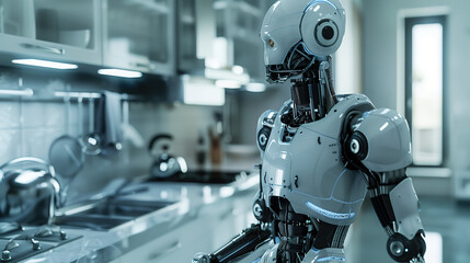 A humanoid robot assisting humans with everyday tasks in a futuristic household setting