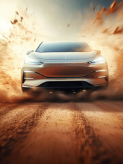 With a close-up view  we see the battery of the EV car  quietly powering the vehicle forward as it leaves its competitors in the dust.3D render - obrazy, fototapety, plakaty