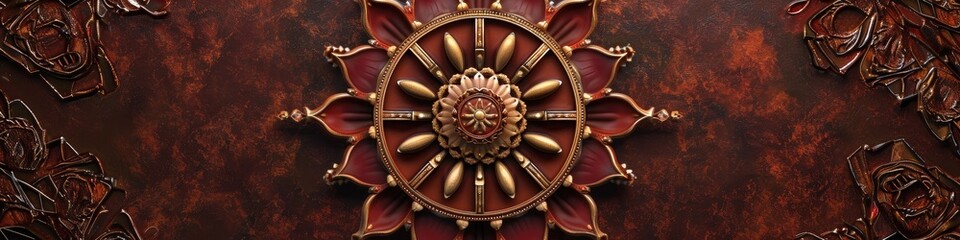 a breathtaking mandala against a mahogany backdrop, showcasing the precise details and warm tones in impeccable high-definition. - obrazy, fototapety, plakaty
