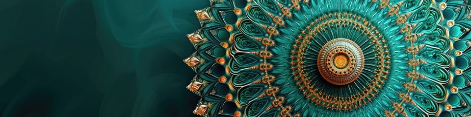 a breathtaking mandala against a teal green background, emphasizing the fine details and soothing hues in impeccable high-definition.