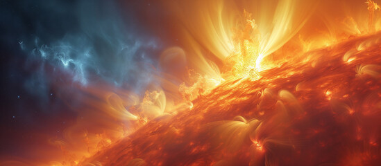 Solar flash, explosion, mass ejection. Burning sun and space. Magnetic storm cause, solar winds and waves. Sun's corona.	
