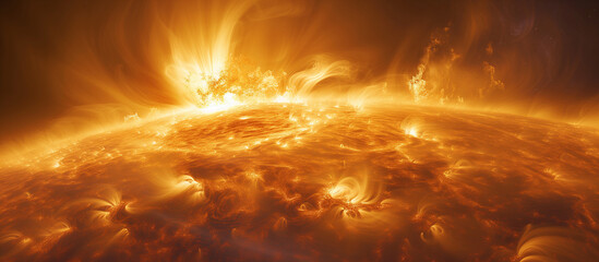 Solar flash, explosion, mass ejection. Burning sun and space. Magnetic storm cause, solar winds and waves. Sun's corona.	
