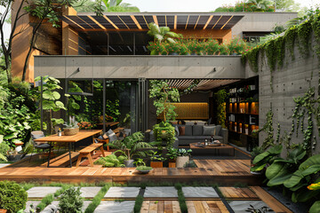 An eco-friendly terrace design incorporating recycled materials and sustainable features like solar panels and rainwater harvesting