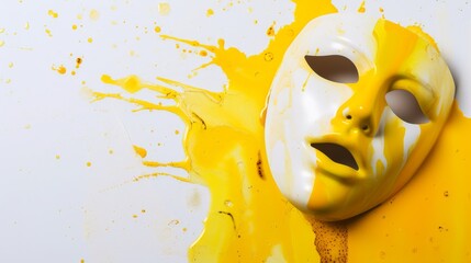 A stark white mask with cut-out eyes and mouth, splashed with vibrant yellow paint, evokes themes of anonymity and artistry
