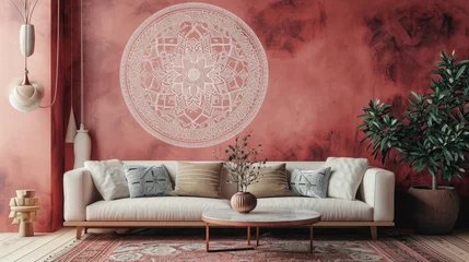  a blossoming mandala against a dusty rose background, creating a tranquil setting with a modern sofa. © Lal