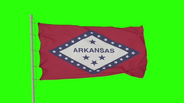 Flag of Arkansas on Green Screen. Isolated flag of United States Arkansas on flagpole fluttering in wind