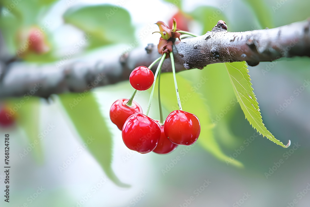 Wall mural Wenchuan Cherry Hanging On The Branch, la drome, big cherry, silver berry