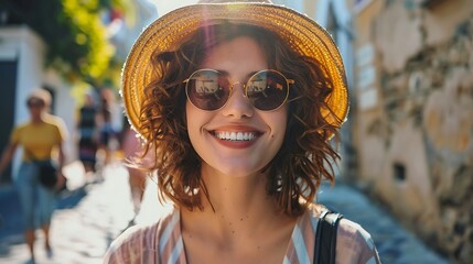 Young beautiful smiling woman wearing a straw hat and sunglasses, enjoying the summer sun.