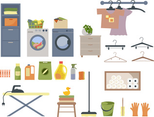 Laundry interior. A set of items for the laundry - washing machine and dryer, linen, items for cleaning and washing. Flat vector.