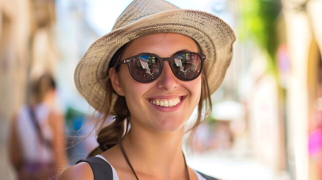 Young attractive smiling woman wearing a hat and sunglasses.