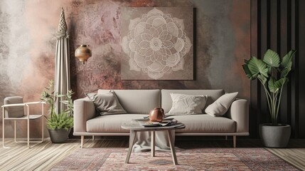 a blossoming mandala against a muted taupe background, creating a tranquil setting with a modern sofa.