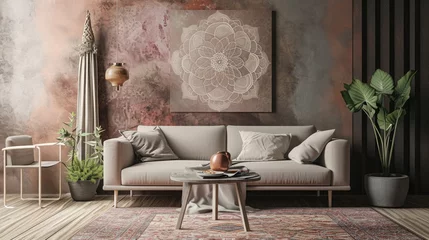 Rolgordijnen a blossoming mandala against a muted taupe background, creating a tranquil setting with a modern sofa. © Lal