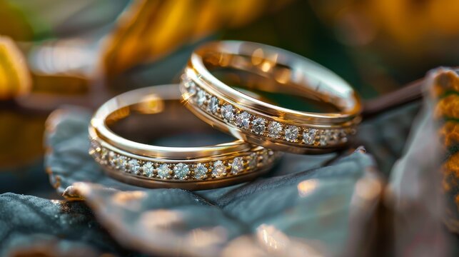 Wedding rings, wedding day, dynamic and dramatic composition, blurred background