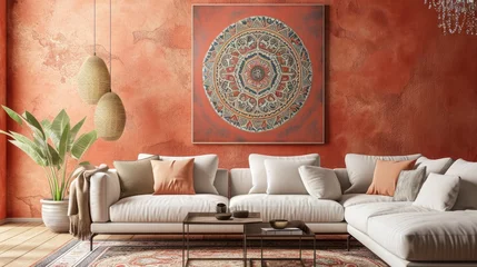 Schilderijen op glas a blossoming mandala against a muted peach background, creating a tranquil setting with a modern sofa. © Lal