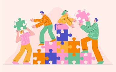 Illustration of a diverse team collaboratively assembling large puzzle pieces, symbolizing teamwork, cooperation, and problem solving